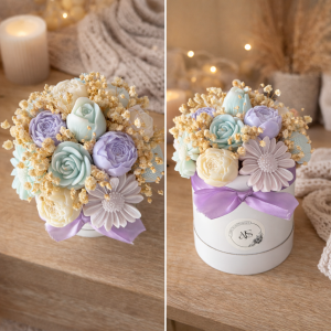 Bouquet bleu beige violet - fleur de coton