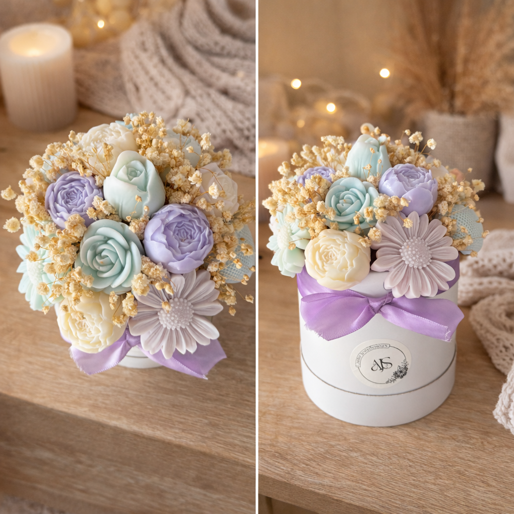 Bouquet bleu beige violet - fleur de coton