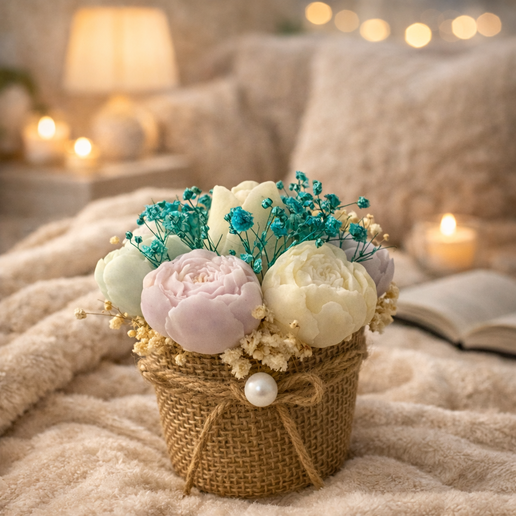 Mini bouquets de fondants parfumés bleu et violet - fleur de coton